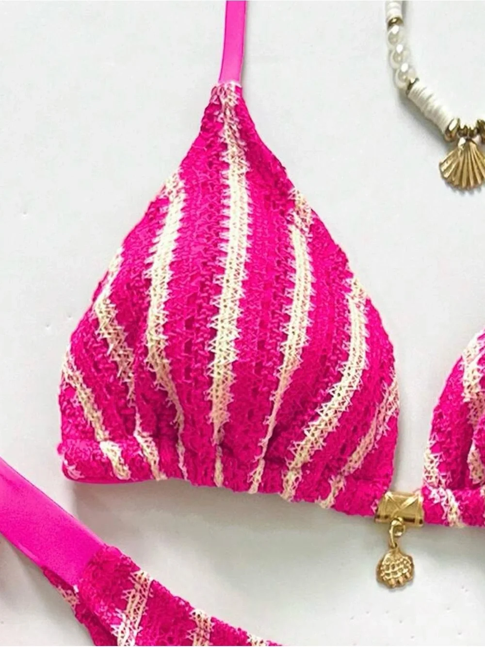 Striped Crochet Pink Bikini & Matching Pants Set